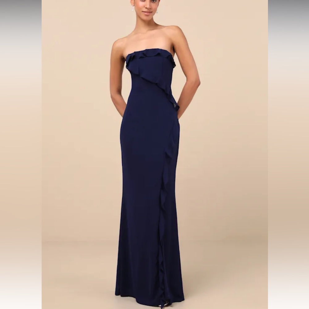 Lulus Navy Excellent Sensation Navy Strapless Ruffled Maxi Dress medium